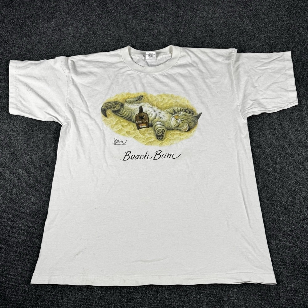 Vintage 90s Bob Harrison Beach Bum T Shirt Mens XL White Kitten On The Beach